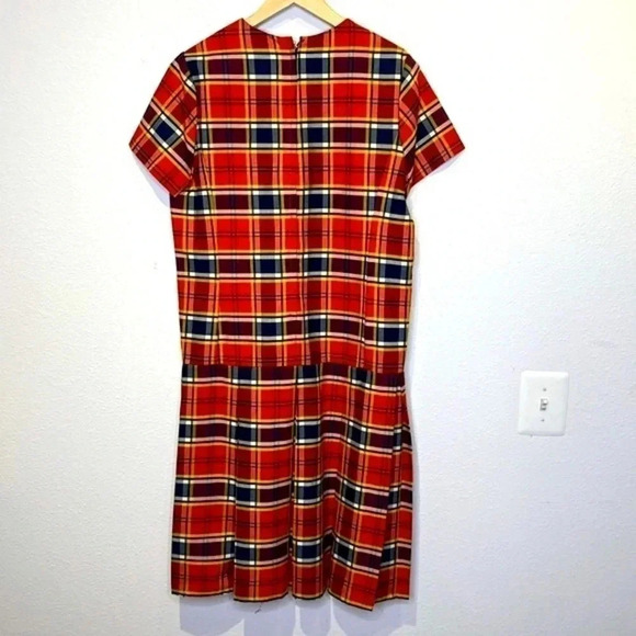 Cat Artley Red Yellow & Blue Plaid Mod Era Vintage 60s Dress Drop Waist size XL - Picture 2 of 6